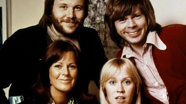 In this June 14, 1974 file photo, Swedish pop group ABBA, Bjorn Ulvaeus, rear left, Benny Andersson, rear right, Agnetha Faltsko