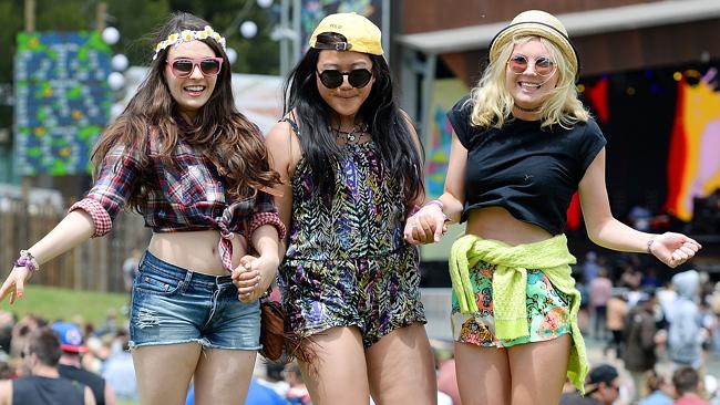 Rachael O'Reilly, Baya Ou Yang and Erin Lyon, all 19, at the festival. Picture: Josie Hayden