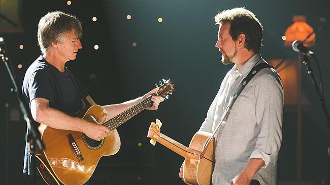 Stage legends ... Neil Finn and his mate Pearl Jam frontman Eddie Vedder rehearse for their surprise performance at the Max S...