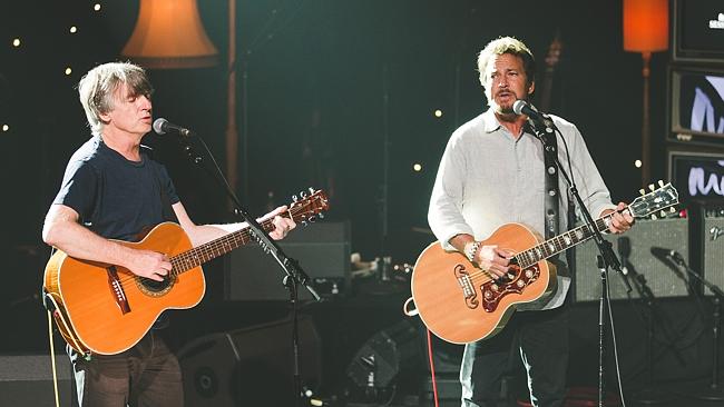 Unplugged ... Neil Finn and his mate Pearl Jam frontman Eddie Vedder in Sydney. Picture: Supplied