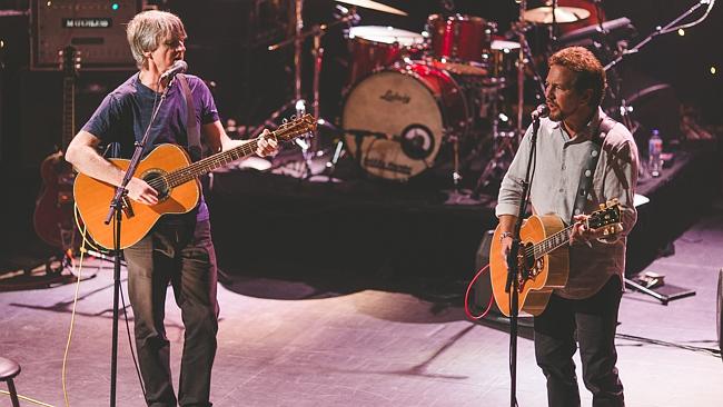 Fans loved it ... Neil Finn and his mate Pearl Jam frontman Eddie Vedder played together in Sydney. Picture: Supplied