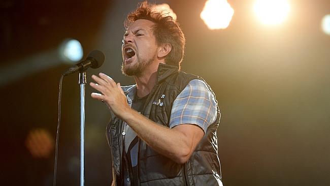 Pearl Jam frontman Eddie Vedder belts out a song. Picture: Jake Nowakowski