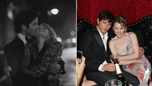 At left: Minogue with actor Clement Sibony in her new video. At right: Minogue with ex-boyfriend, model Andres Velencoso. 