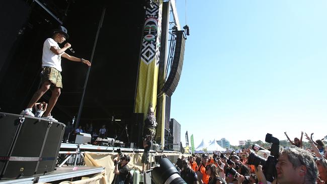 Pharrell Williams on stage at the Future Music Festival. Pictures: Stuart Milligan