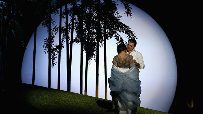 Hiromi Omura and Georgy Vasiliev perform in front of a six metre inflatable moon. Picture