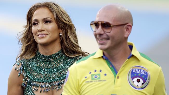 Jennifer Lopez performing with Pitbull at the World Cup last week. Picture: AP Photo