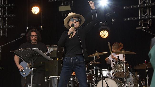 Yoko Ono and the Plastic Ono band perform on the main Pyramid stage at Glastonbury music 