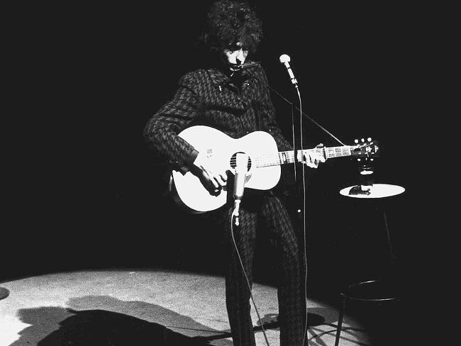 Early days ... legendary singer-songwriter Bob Dylan on stage in Paris in 1966. Picture: 