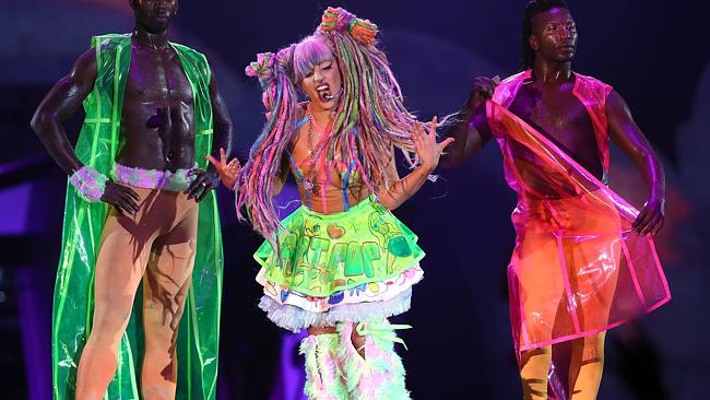 Art Pop ... a very colourful Lady Gaga performing on stage at Perth Arena on the opening 