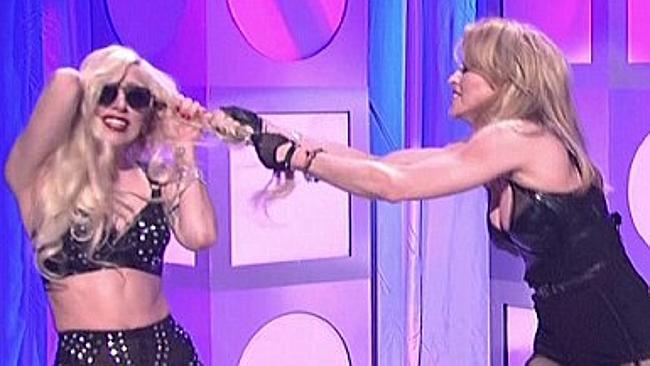 Play fight or for real? ... Singers Madonna and Lady Gaga fight as part of a comedy skit 