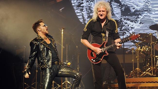 Show must go on ... Brian May (right) with Adam Lambert in concert at the Perth Arena. Pi