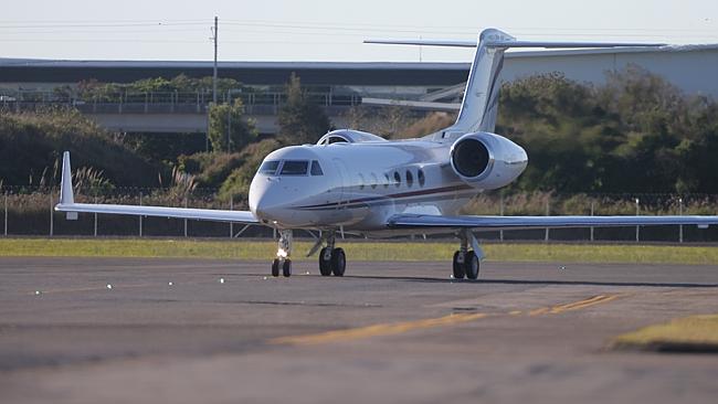 Miley Cyrus’ private jet touches down in Brisbane. Pic: Peter Wallis