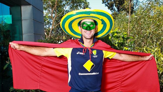 Cricketer Ricky Ponting dressed as a superhero, wearing sombrero, cape and mask. Um, good
