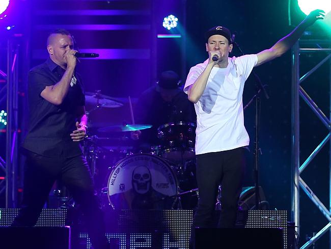 Rap stars ... Hilltop Hoods performed Cosby Sweater at the ARIAs in Sydney last night. Pi