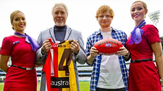 Ed Sheeran joins Sir Tom Jones in promoting the 2014 Grand Final. Picture: Nathan Dyer