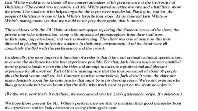 Hit back ... This is the letter Jack White’s management released days are the debacle. Pi