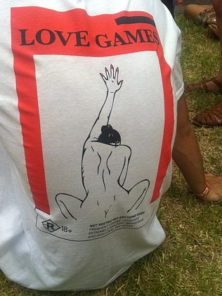 It’s here somewhere. A very cheeky t-shirt at Laneway Festival Melbourne.Pic: Mikey Cahil