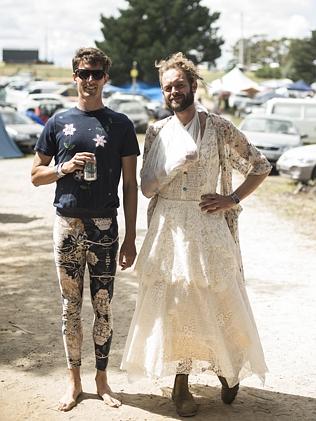 Golden Plains 2015 punters. Wedding dress and broken arm. Trouper.