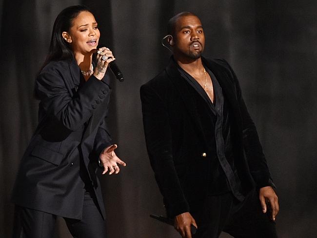 Rihanna and Kanye West perform at the 57th annual Grammy Awards in Los Angeles.