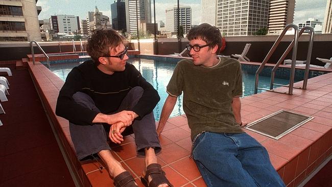 Chillin ... Damon Albarn and Graham Coxon in Australia in 1997 — Blur’s last visit here.