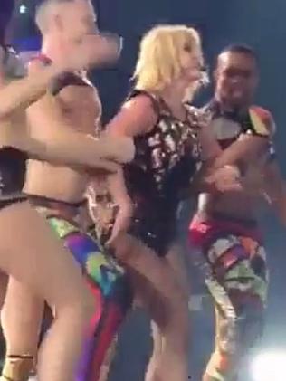 Thankfully, Spears’ dancers help her up to continue the performance.