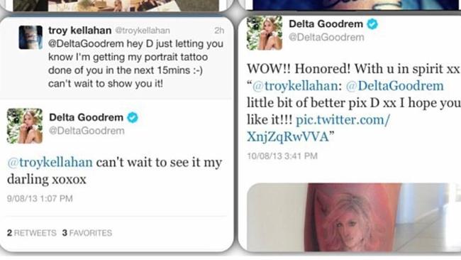 Messages to and from Delta Goodrem to fan Troy on Twitter.